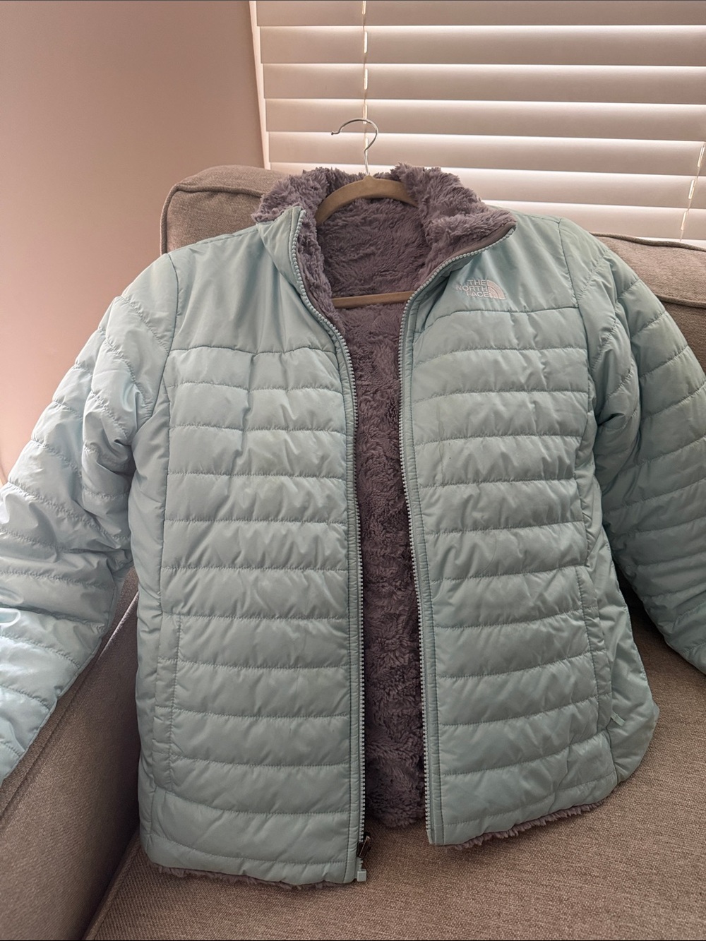 The North Face Women's Light Blue Reversible Puffer with Gray Plush Lining